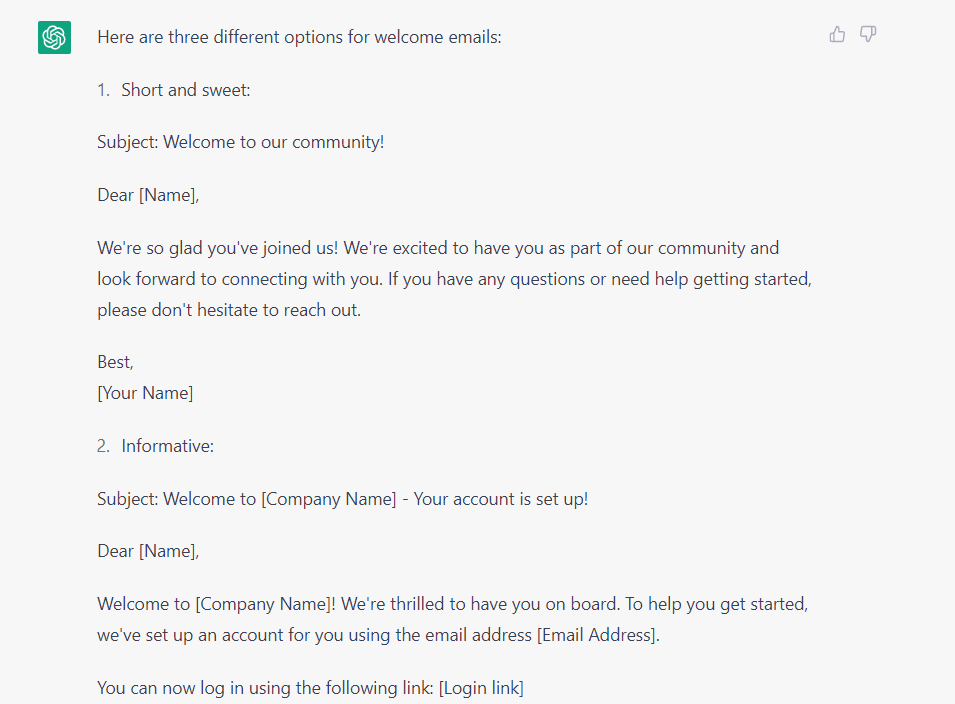 Welcome emails created by ChatGTP
